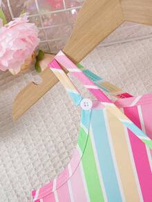 Young Girls Spaghetti Strap Striped Ruffle Hem Casual Vacation Dress + Bag Set - Hot Pink - View 4