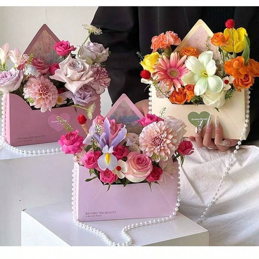 1pc珍珠链手持花盒、信封花盒、情书花盒，适用于节日鲜花包装、母亲、恋人、亲戚生日礼物、婚礼派对、毕业季、周年派对