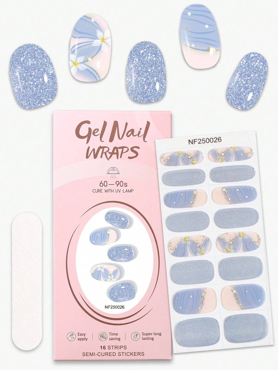 16 片腮红半固化凝胶指甲贴，粉色蝴蝶花朵闪光自粘凝胶指甲全贴，沙龙品质，持续 14 天，适合女性日常 DIY 的美甲贴纸 - 薄荷藍 - 查看 1
