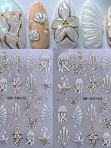 2 Pieces Of Summer Hot Stamping Jellyfish Shell Relief Nail Art Stickers - Summer Ocean Fresh And Simple Hot Stamping White Jellyfish, Shell, Starfish And Small Flower Art Design, 5D Relief Technology, Suitable For Women's Disposable Self-Adhesive Back Adhesive Nail Art Stickers, Summer Ocean Simple Theme Style, Easy To Stick Nail Decoration Stickers