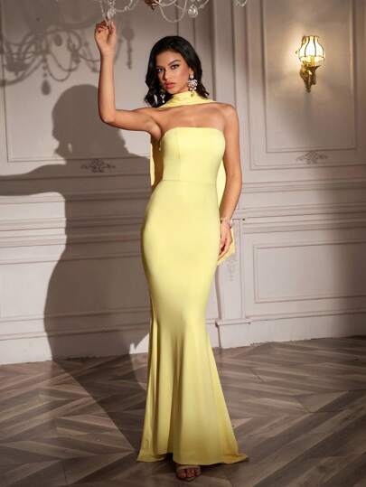 PARTHEA Halter Ribbon Decor Mermaid Hem Double Layer Ruched Bodycon Maxi Dress (Zipper, Sexy) Solid Color Elegant Sexy Party Knit Fabric Backless Evening Formal Occasion