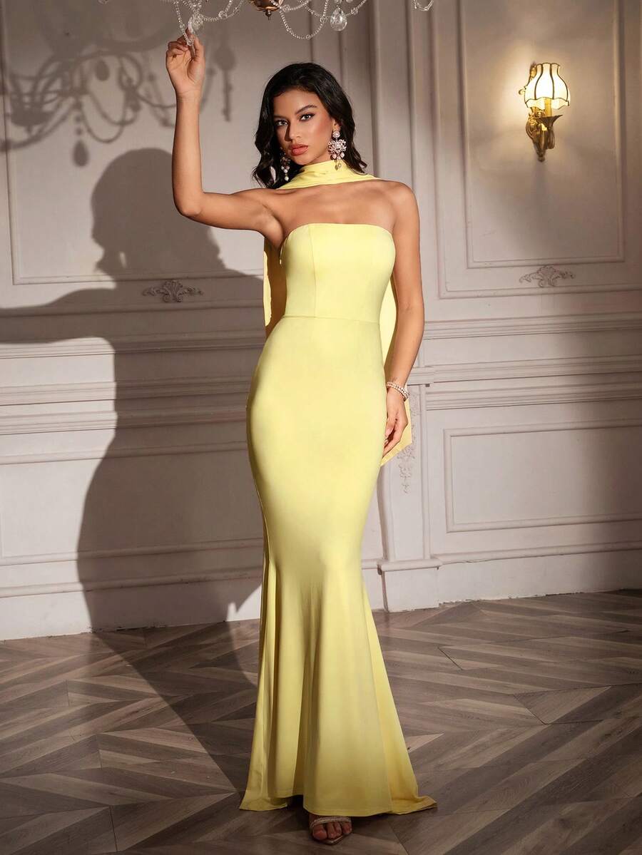 PARTHEA Đầm maxi ôm sát hai lớp xếp ly, vạt đuôi cá, dây buộc cổ, trang trí ruy băng (khóa kéo, gợi cảm), màu trơn, thanh lịch, gợi cảm, chất liệu vải dệt kim, hở lưng, thích hợp cho các dịp trang trọng mùa hè. - Màu vàng - Xem 1