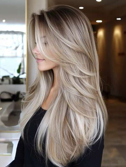 Peluca sintética con mechón degradado color platino, diseño de mariposa, cabello largo y liso en capas color blanco-dorado, para uso diario, fiestas, cosplay, escuela y eventos especiales