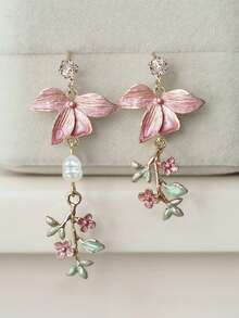 2pcs Flower Pearl Leaf Tassel Earrings, Fashion Sweet Cherry Blossom Earrings Suitable For Women Daily, Beach, Party, Anniversary Wear, Jewelry Gift - 彩色 - 查看 6