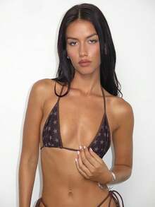 Women 2 Piece Bikini Set Star Print Tie-Up Halter Neck Tops Low Rise Shorts Casual Bathing Suits For Beach Pool - Brown - View 2