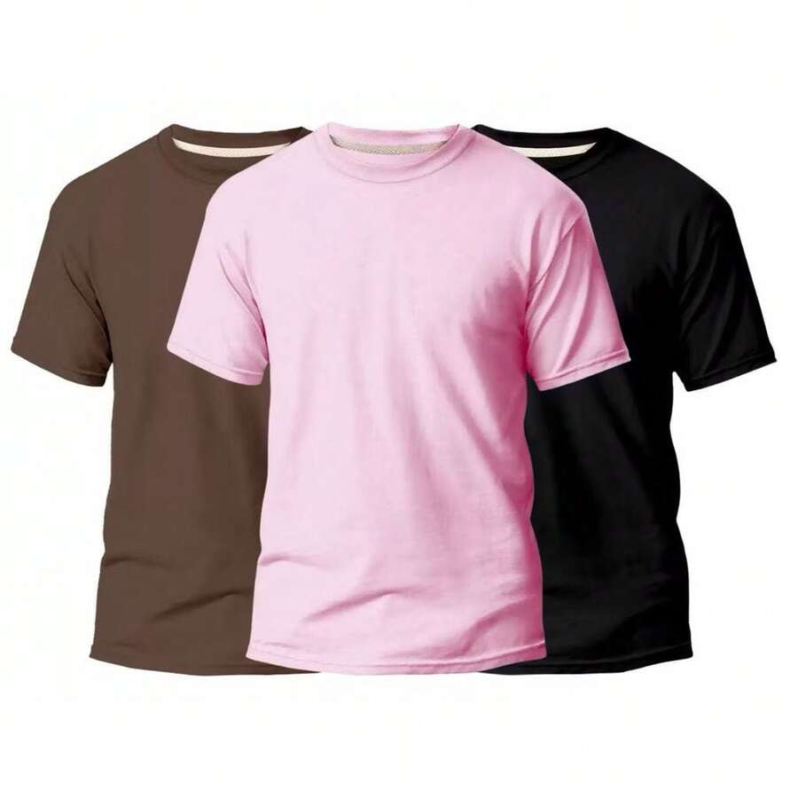 KIT 3 Basic Plain Men's T-Shirts 100% Cotton 30.1 - Baby Pink + Brown + Black - View 1