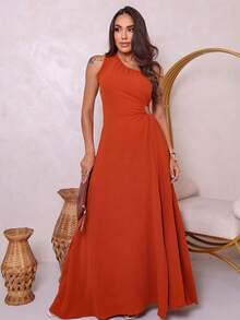 Women's Long Dress Side Slit Duna Mula Manca Lined Elegant Party Wedding - Đất nung - Xem 7