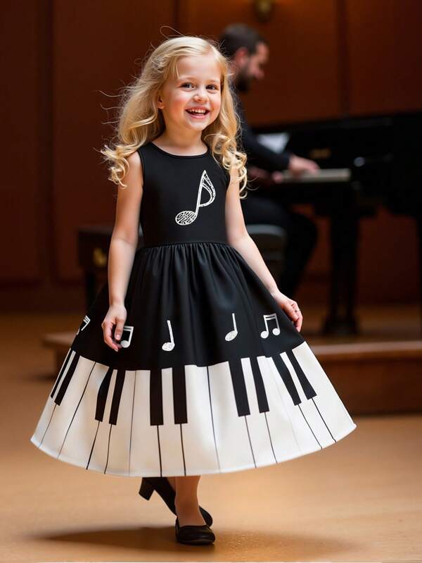 1pc Girls' Summer Dress, Girls' Black Round Neck Sleeveless Piano Key Print Dress, Children's Simple Comfortable Casual Outfit, Girls' Outdoor Exercise Holiday Entertainment Clothing