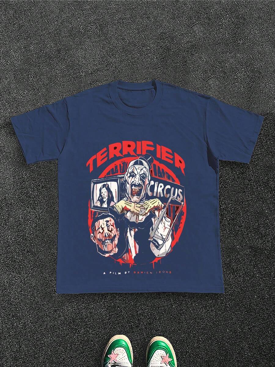 Terrifier Circus Print T-Shirt For Men,100% Cotton 220g - Màu xanh lam - Xem 1