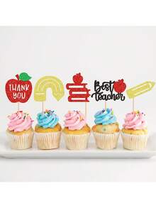 24pcs Back To School Teachers' Day Cupcake Decorations, Glitter Thank You Apple Pencil Stationery Cupcake Toppers, Suitable For Graduation Ceremony, Back To School, Baby Shower, Birthday, Anniversary, Thanksgiving Party Cake Decorations - Multicolor - View 4