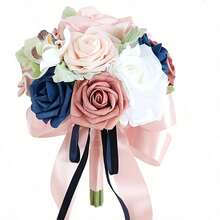Bridesmaid Bouquet For Wedding, Dusty Rose And Navy Blue Flowers Wedding Bouquet Bridesmaid Tossing Bouquet For Wedding Ceremony Anniversary Bridal Shower Party Decoration, Pink&Blue - 藕粉色 - 查看 6