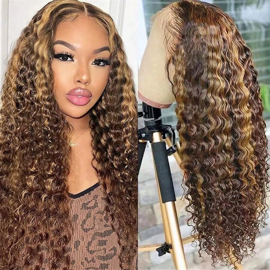 Highlight 4/27 Brazilian Deep Wave Lace Front Wig HD Transparent 5x5Lace Frontal Human Hair Wigs For Women Pre Plucked Human Hair Honey Blonde Ombre - Pre-Plucked Deep Curly Wigs - SP4/27 - 查看 1