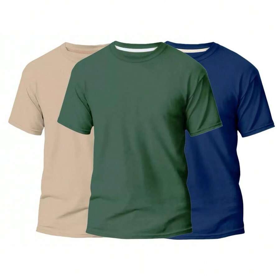 KIT 3 Basic Plain Men's T-Shirts 100% Cotton 30.1 - Beige + Green + Navy Blue - View 1