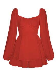 Women Puff Long Sleeve Romper Off Shoulder Ruffle Flowy Short Jumpsuit Layered Pirate Dress With Shorts Playsuit - Red - View 7