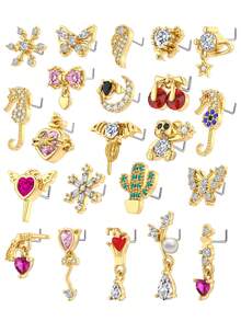 5/6/22pcs Copper Zirconia Butterfly, Heart Geometric L-Shaped Nose Stud & Earrings, Unisex Piercing Jewelry For Daily Wear - Multicolor - View 12