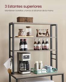 Estantería de Cocina, Estantería de Panadería, 6 Estantes y 6 Ganchos, para Microondas, Marco de Acero, Industrial, 40 x 60/80 x 167 cm, Greige y Negro - Gris Claro - Ver 5