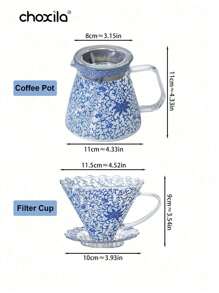 choxila 1 Stück 400ml (13,5 Unzen) Kaffeekocher mit blau-weißem Porzellanmuster, Kaffeetopf und Kaffeefilter mit Spitzenmuster, Glas-Kaffee-Kocher und Kaffee-Dripper, hitzebeständiges Glas Kaffee Geschenkset für den Haushalt