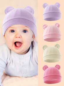 1PC Solid Color Cute Double Ear Baby Beanie, Soft & Warm, Multi-Color Options, Suitable For Newborn Baby Daily Wear In All Seasons - Multicolor - View 1