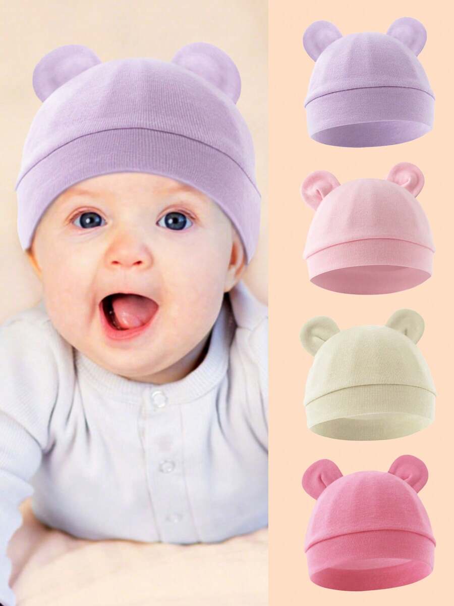 1PC Solid Color Cute Double Ear Baby Beanie, Soft & Warm, Multi-Color Options, Suitable For Newborn Baby Daily Wear In All Seasons - Multicolor - View 1