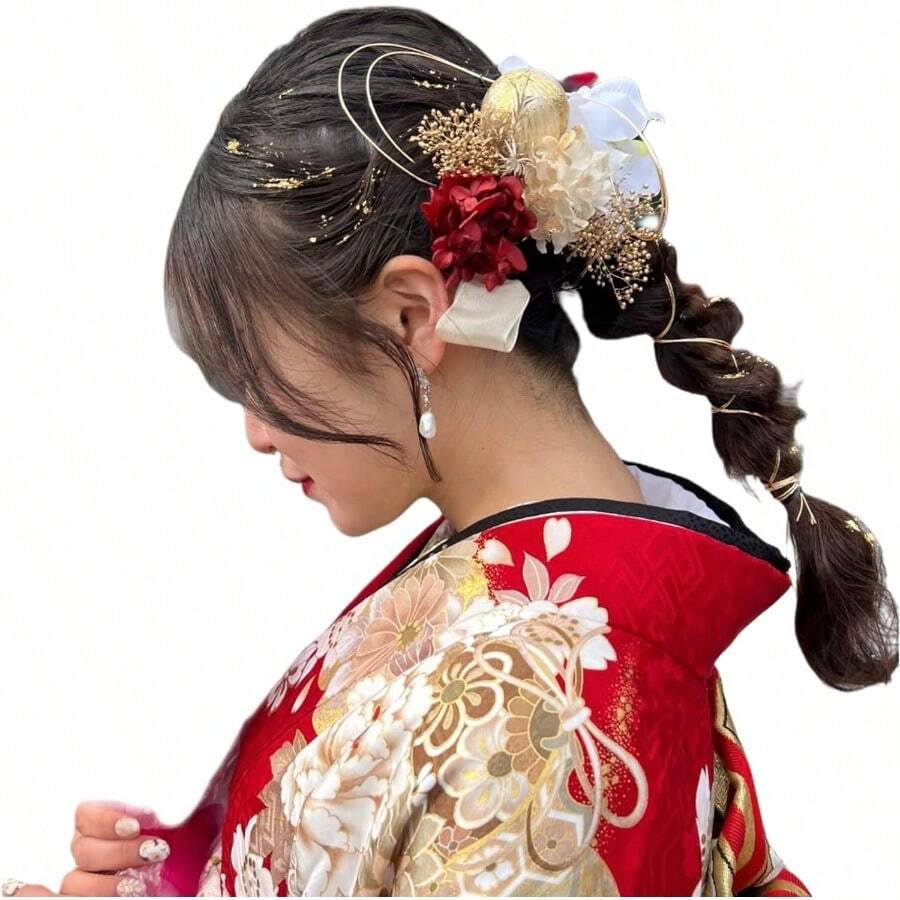 髪飾り専門店 Bria 成人式 卒業式 結婚式 七五三 和装 髪飾り ドライフラワー 金箔付き 和玉 胡蝶蘭水引 - レッド - チェックする 1