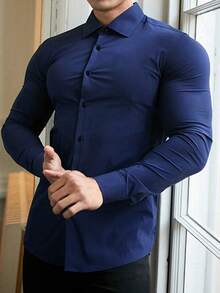 Men's Long-Sleeved Shirt In A Simple Solid Color, Casual For The Office, Slim Fit, High Quality, Contains Elastane, Suitable For All Seasons. - Màu xanh hải quân - Xem 11