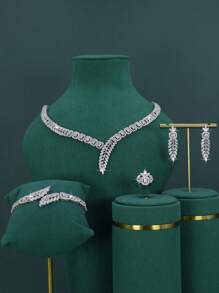 5pcs/Set White Gold Plated Dubai Royal Style Leaf Design Wedding Bridal Jewelry Set, Handset White Cubic Zirconia, Include Necklace, Bracelet, Earrings, Ring, Suitable For Daily Wedding Wear, Wedding Anniversary Gift (High-End Gift Box Packaging) Free Gift