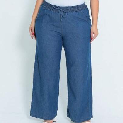 CALÇA JEANS FEMININA PLUS SIZE PANTALONA WIDE LEG CINTURA ALTA COS ELASTICO E BOLSO FUNCIONAL  Simples    Nó  Bolso  Cordão