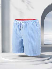 男式竖条纹抽绳腰泳裤 - 淺藍色 - 查看 3