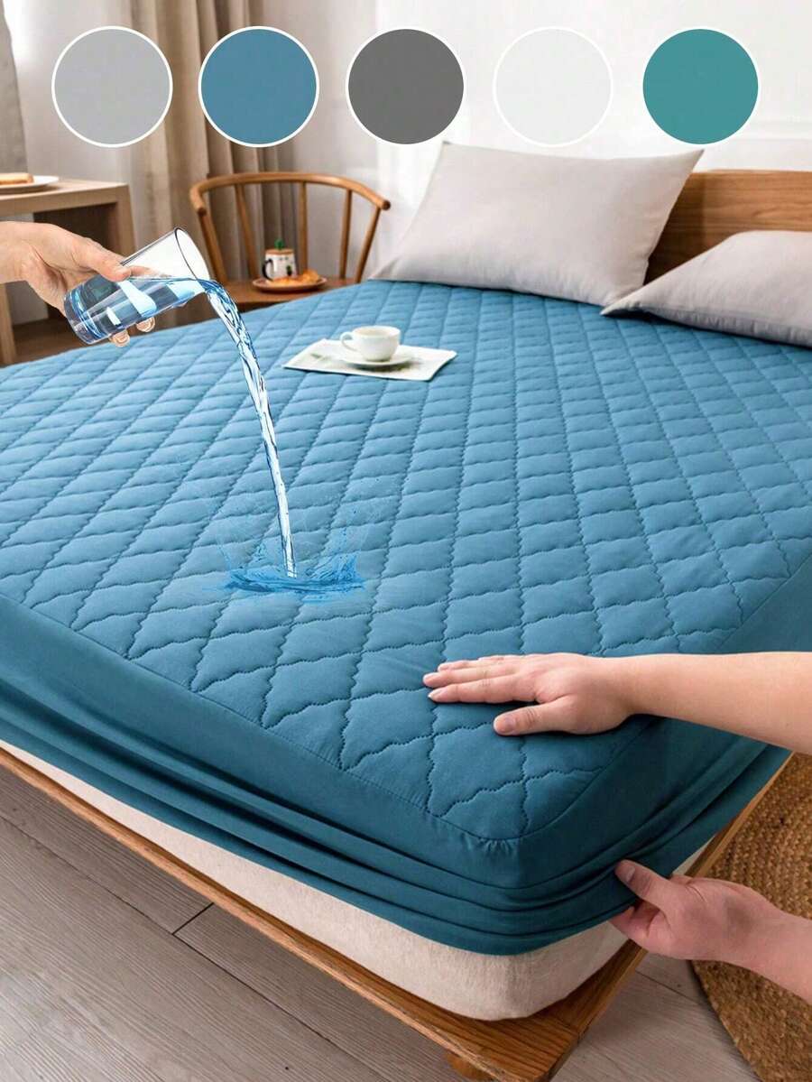 1pc Waterproof Quilted Fitted Sheet Protector Set, Fits Queen/King Size Bed, Soft, Dust-Proof, Removable & Machine Washable - Blue - View 1
