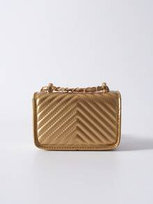Mini Square Bag New Design Women's Handbag With V-Shape Stitching, Quilted Texture, High-Quality Shoulder Bag, Chain Crossbody Bag, Flap Cover Small Makeup Bag, Fashionable Ladies Accessories Winter Gifts - Gold - View 9