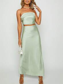 Women Elegant Maxi Skirt Set Strapless Backless Tube Crop Top Slit Long Skirt Floral Satin Two Piece Y2k Outfits - màu xanh lá - Xem 2