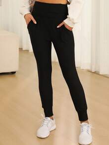 女士高腰褶皱口袋紧身裤 - 黑色 - 查看 5