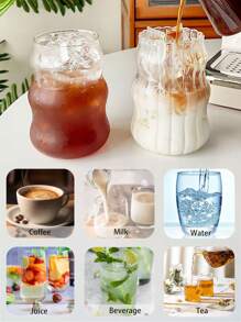 1 pieza Taza resistente al calor de 530ml/18.65oz Taza de vidrio transparente de alta borosilicato, taza con pajita, vaso asimétrico de bebida, vaso de agua transparente ondulado, vaso de bebida acanalado, vaso de cóctel con forma de onda, vaso para café helado con forma de calabaza