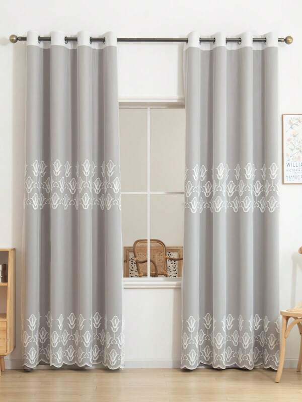 4pcs/Set Embroidered Blackout & Sheer Curtains, 2pcs Solid Color Room Darkening Curtains + 2pcs Embroidered Sheer Panels For Living Room, Bedroom, Dining Room Decor