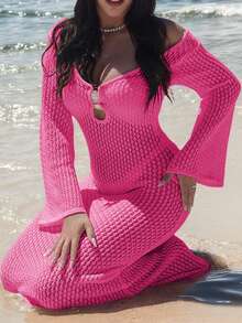 Crochet V-Neck Backless Ruched Waist Fitted Dress, Suitable For Holiday Wear, Fashionable And Elegant, Sexy And Minimalist, Solid Color Casual Knit Maxi Dress, Suitable For Beach, Halloween Costume, White Swimsuit, Autumn Fashion, Valentine's Day, New Year, Year-End, Christmas Party And Other Occasions. - Hot Pink - View 2