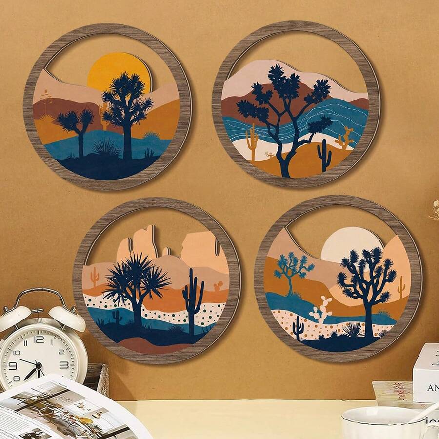 4 piezas Decoración de pared de plantas del desierto estilo bohemio, placas de pared de plantas de madera bohemias, decoraciones colgantes geométricas de granja, arte minimalista de apartamento, decoración de pared autoadhesiva para dormitorio - Multicolor - Ver 1