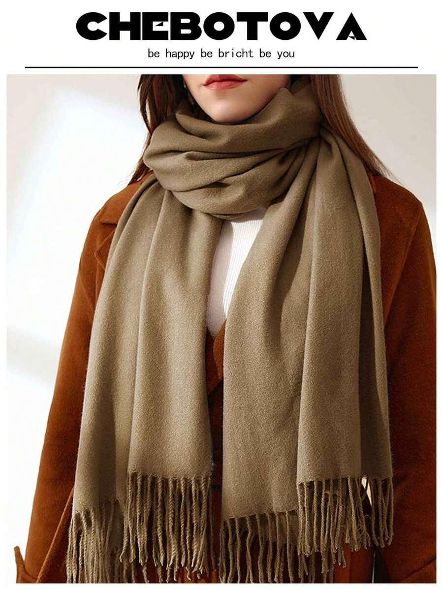 1条女士柔软流苏纯色羊绒围巾，30*180厘米，适合春、夏、秋、冬四季搭配连衣裙 - 深卡其色 - 查看 1