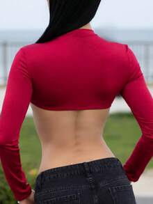 Carolina Barros Y2K 性感镂空心形露脐短款上衣，街头风格 - 酒紅色 - 查看 9