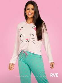 Pijama Feminino Inverno Longo  Cordão falso  Fofo  elegante  Luxuoso  Mulher casual  Young casual  Tecido de malha  Manga Comprida Gatinha Brilhosa Fofinha