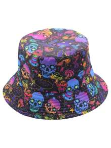 Sombrero de cubo reversible con estampado de cráneo de gato negro, unisex, adecuado para uso diario, disfraz de Halloween, vacaciones en pareja, protección solar