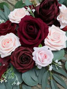 Set de 2 flores artificiales de arco de boda de color vino tinto, decoración de cartel de bienvenida y flores de arco de recepción de boda (vino tinto y sonrojo) - Multicolor - Ver 4