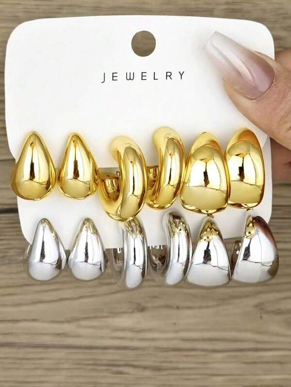 6-12pcs Gold & Silver Teardrop Smooth Mixed Earrings