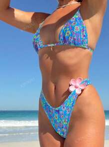 New Soft Fabric Printed Halter Tie Bikini Set, Elegant Party Beach Fashion For Ladies