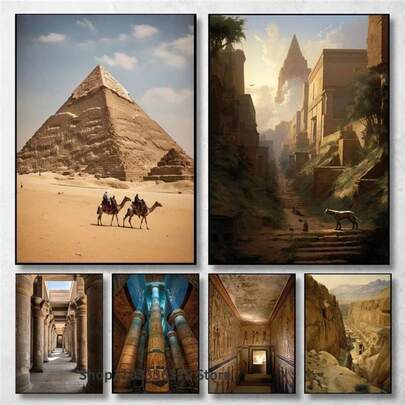 1 pieza Pintura de lienzo con impresión de pared de paisaje de Antiguo Egipto del Gran Salón Hipóstilo, cuadro decorativo para sala de estar o el hogar, marco opcional