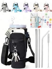 1 pieza de bolsa portadora de botella de agua con bolsillo para teléfono + 1 pieza de funda de pajita de color aleatorio para vaso aislado de 40/30 Oz, funda de botella de agua de neopreno con correa ajustable, gancho para llaves, adecuado como regalo de Navidad, regalo de Año Nuevo