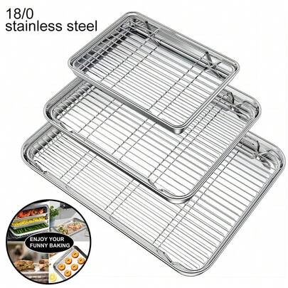 带架子的烤盘，带冷却板的不锈钢烤盘，防锈耐用，哑光表面，易于清洁，适用于烘焙、烘烤和冷却，可用洗碗机清洗