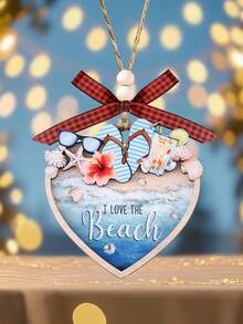 Ocean Style Christmas Ornament, I Love The Beach, Heart-Shaped Ocean Christmas Home Decor, Shell Flip Flops Summer Elements Double Layer Wooden Home Decor, Christmas Tree Hanging Decorations, Christmas Holiday Party Home Decor