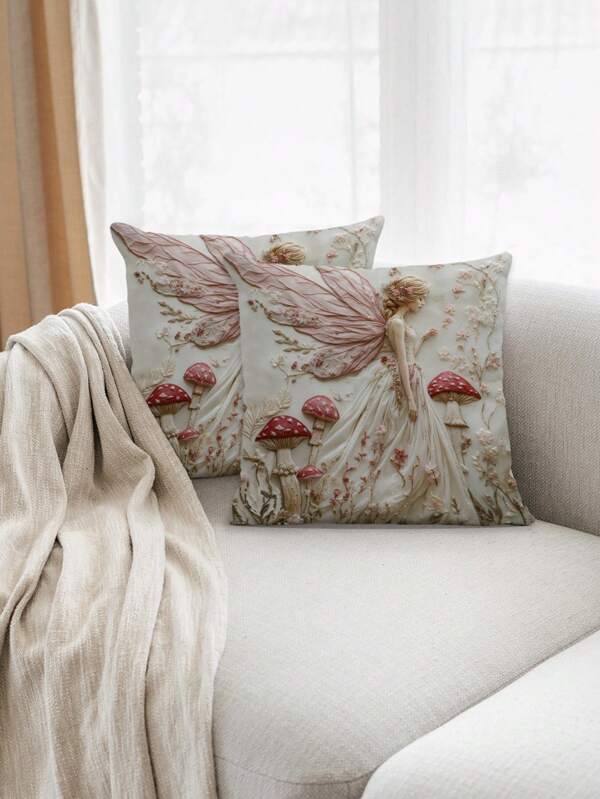 غطاء وسادة مطرز بالفراشات الغابوية والفطر العتيق، 2قطعة، قابل للغسل بالغسالة، غطاء وسادة زخرفي من البوليستر مع إغلاق سحاب، مقاس 45 * 45 سم لأريكة الصالون والغرفة المعيشة وديكور غرفة النوم - متضمن غير حشوة الوسادة