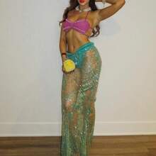 Women Mermaid Outfit, Halterneck Pearled Bra With Sequined Sheer Skirt Halloween Costume 2-Piece Outfit - 藍色 - 查看 3