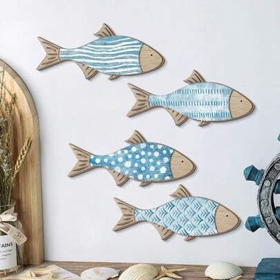 1/4 قطع من لوحات الحائط الخشبية المزخرفة بأسماك استوائية زرقاء للزينة المنزلية ومكتبية،ديكور أسماك استوائية مُنقش على الخشب أنيق لغرفة المعيشة والنوم والديكورات الصيفية للمنزل والشاطئ